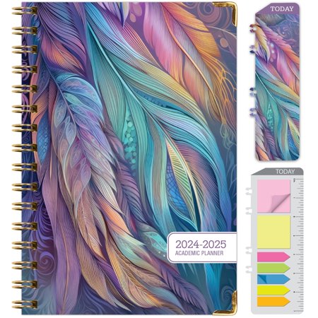 Hardcover Academic Year 2024-2025 Planner (June 2024 Through July 2025) 5.5" x 8" Medium Daily Weekly Monthly Planner Yearly Agenda, Bookmark,Pocket Folder and Sticky Note Set, Pastel Peacock