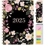 HARDCOVER 2025 Planner, 5.5"x8": 14 Months (November 2024 - December 2025), Daily Weekly Monthly Planner, Yearly Agenda, Bookmark, Pocket Folder and Sticky Note Set (Black Floral Pink)