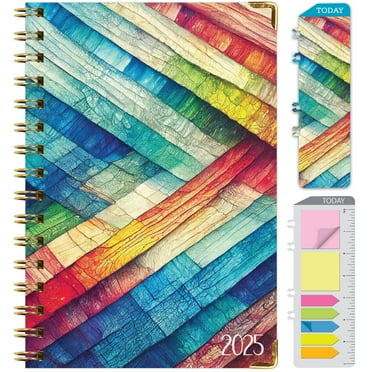 HARDCOVER 2025 Planner, 5.5"x8": 14 Months (November 2024 - December 2025), Daily Weekly Monthly Planner, Yearly Agenda, Bookmark, Pocket Folder and Sticky Note Set (Rainbow Oak)