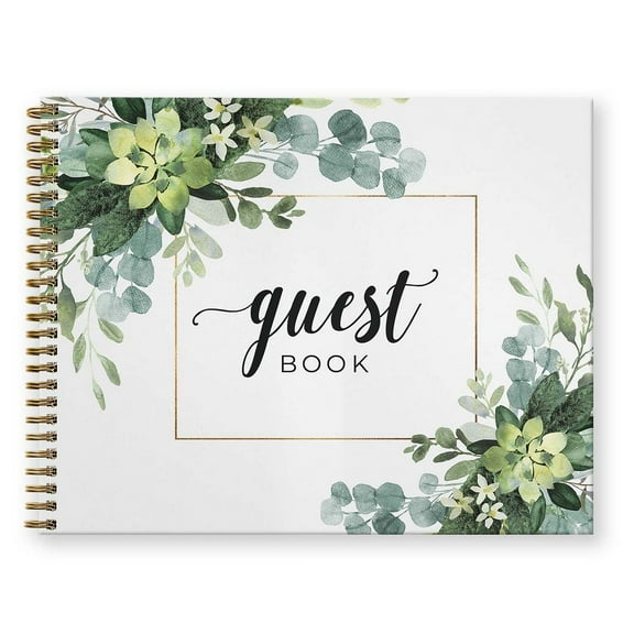 Hardcover Lush Greenery Wedding Guestbook / 120 Lined Guest Signature Pages Inside / 11" x 8.5" Landscape Lay Flat Event Guest Book/Gold Metal Spiral Binding