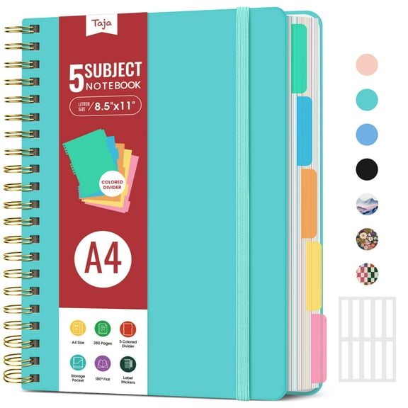 Hardcover Multi Subject Notebook with Dividers, Large 8.5x11 Spiral Journal for Work & Study, College Ruled Writing Book with Customizable Tabs, 280 Sheets, Aquamarine,multicolor