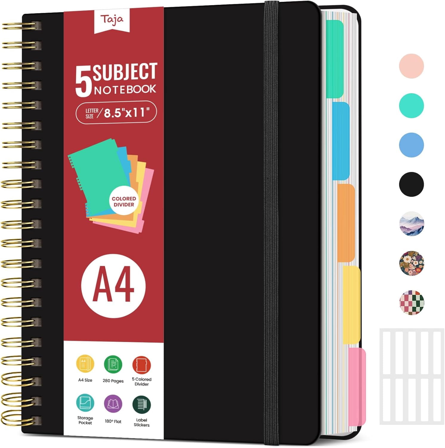 Hardcover Spiral Journal Notebooks for Work With Removable Dividers & Tabs, 8.5"x11" 5 Subject Notebook for Note Taking & Organizer, A4 College Ruled Lined Journal for Women & Writing, Black,