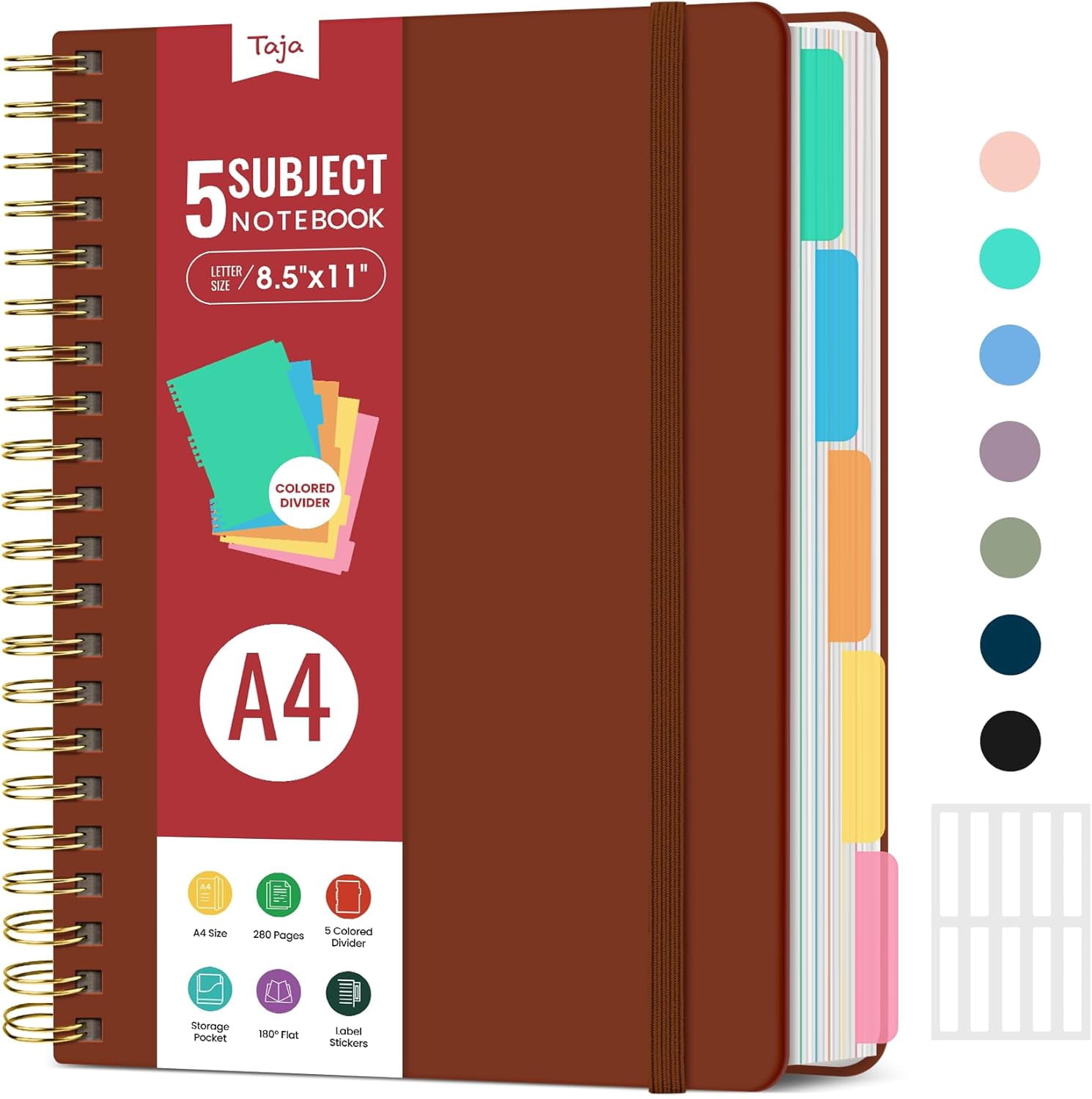 Hardcover Spiral Journal Notebooks for Work With Removable Dividers & Tabs, 8.5"x11" 5 Subject Notebook for Note Taking & Organizer, A4 College Ruled Lined Journal for Women & Writing, Rust Brown
