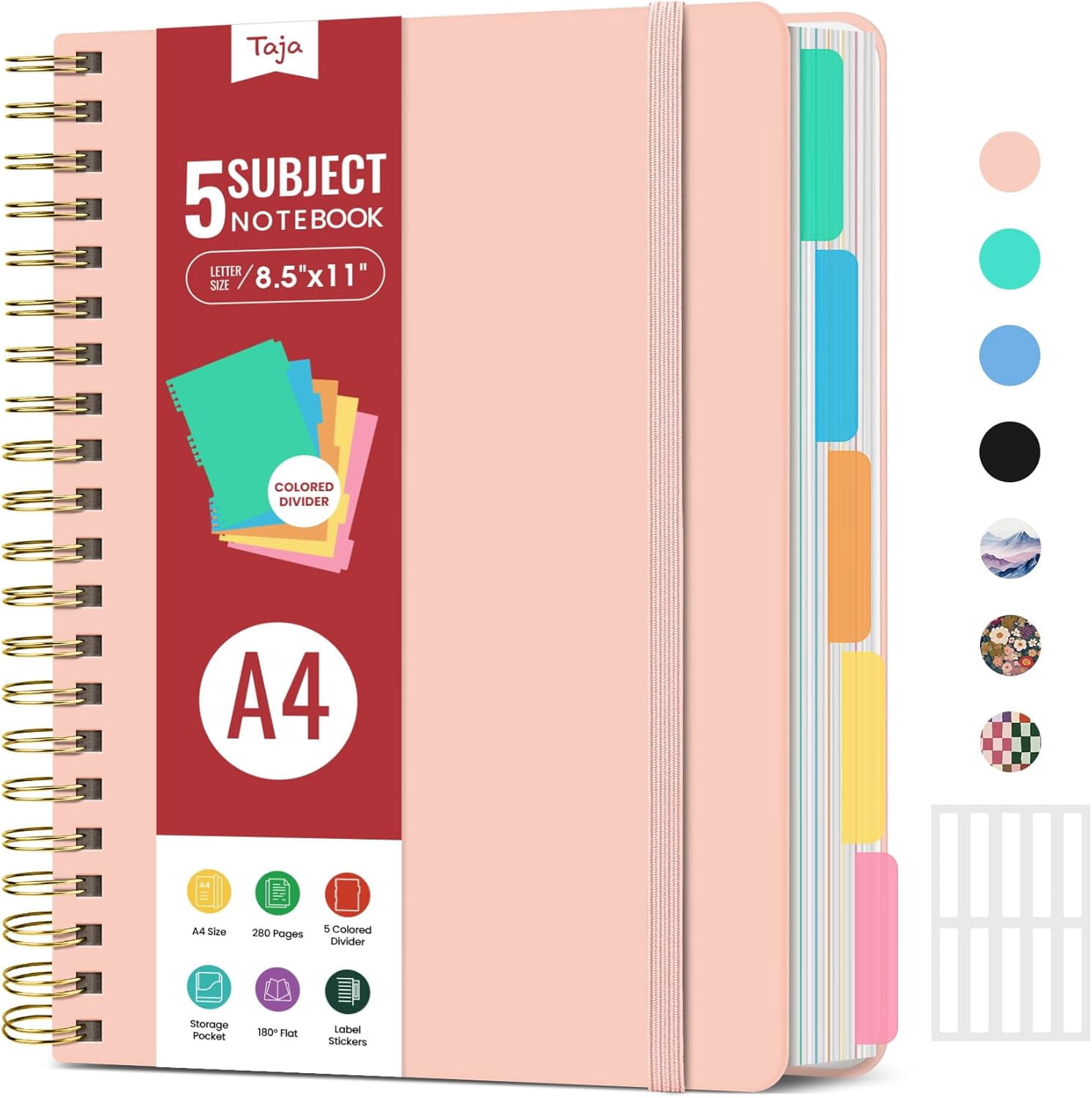 Hardcover Spiral Journal Notebooks for Work With Removable Dividers & Tabs, 8.5"x11" 5 Subject Notebook for Note Taking & Organizer, A4 College Ruled Lined Journal for Women & Writing, Pink
