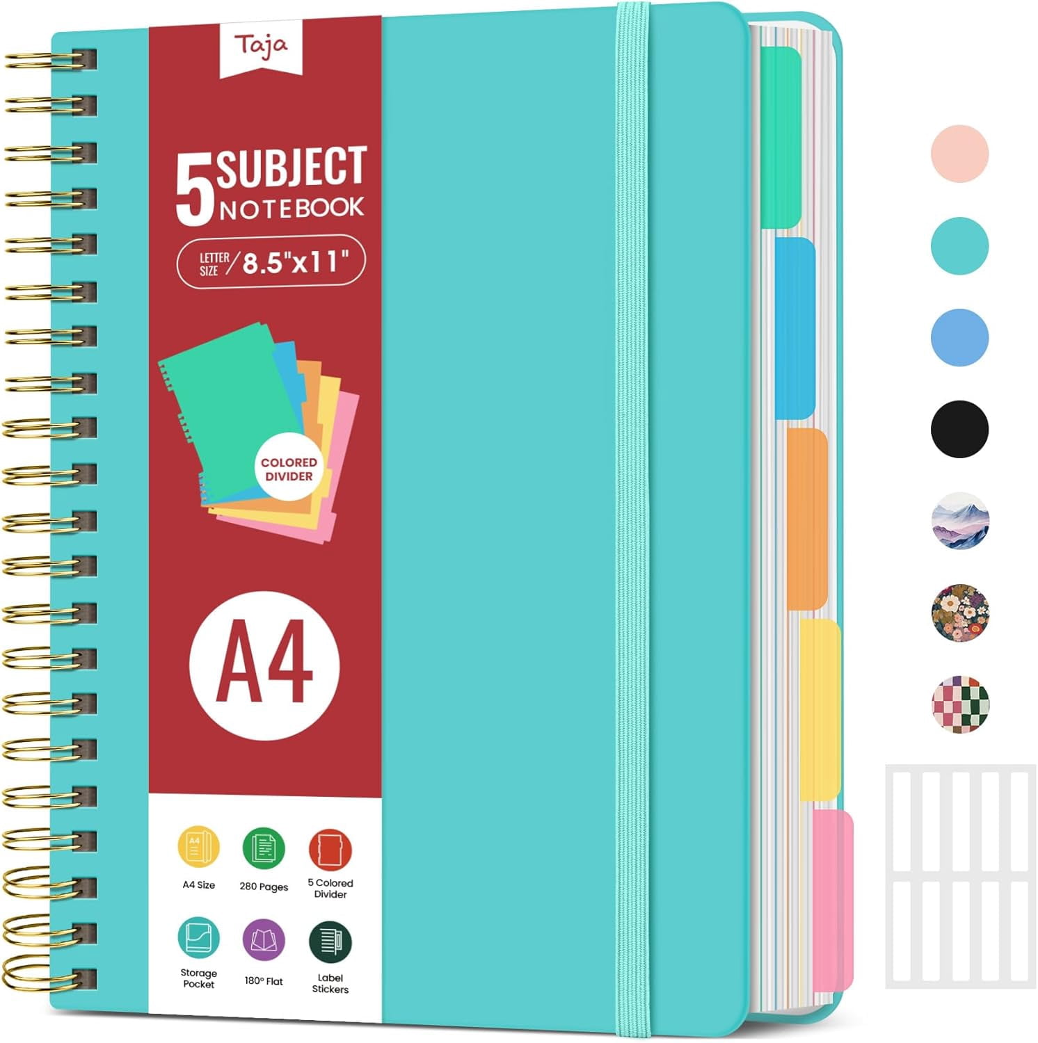 Hardcover Spiral Journal Notebooks for Work With Removable Dividers & Tabs, 8.5"x11" 5 Subject Notebook for Note Taking & Organizer, A4 College Ruled Lined Journal for Women & Writing, Aquamarine