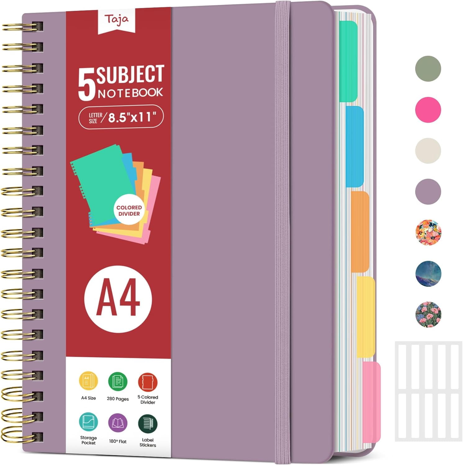 Hardcover Spiral Journal Notebooks for Work With Removable Dividers & Tabs, 8.5"x11" 5 Subject Notebook for Note Taking & Organizer, A4 College Ruled Lined Journal for Women & Writing, Purple,
