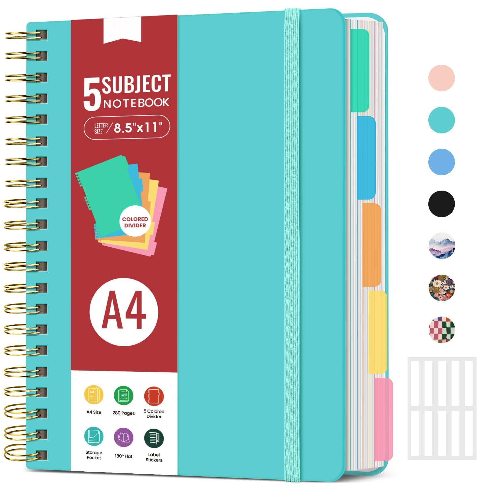 Hardcover Spiral Journal Notebooks For Work With Removable Dividers & Tabs  8.5"x11" 5 Subject Notebook Note Taking Organizer A4 College Ruled Lined Women Writing Aquamarine 280 Pages