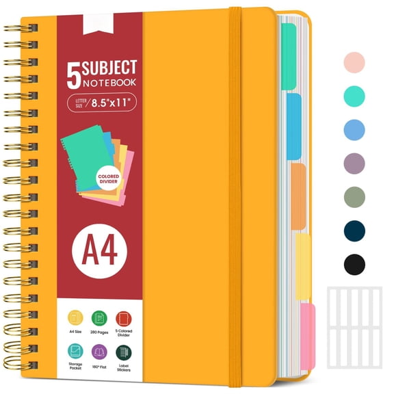 Hardcover Spiral Journal Notebooks For Work With Removable Dividers & Tabs  8.5"x11" 5 Subject Notebook Note Taking Organizer A4 College Ruled Lined Women Writing Yellow 280 Pages