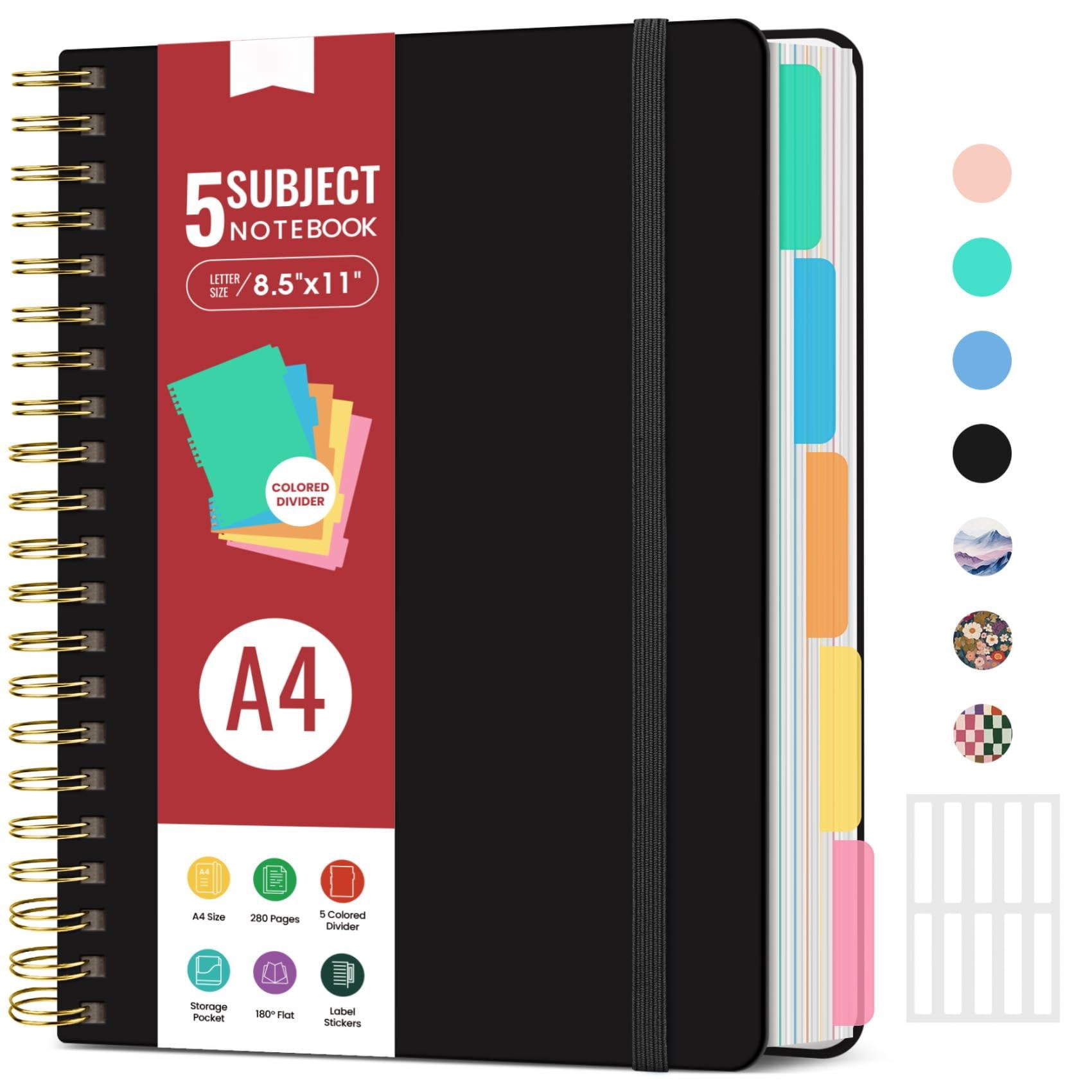 Hardcover Spiral Journal Notebooks For Work With Removable Dividers & Tabs  8.5"x11" 5 Subject Notebook Note Taking Organizer A4 College Ruled Lined Women Writing Black 280 Pages