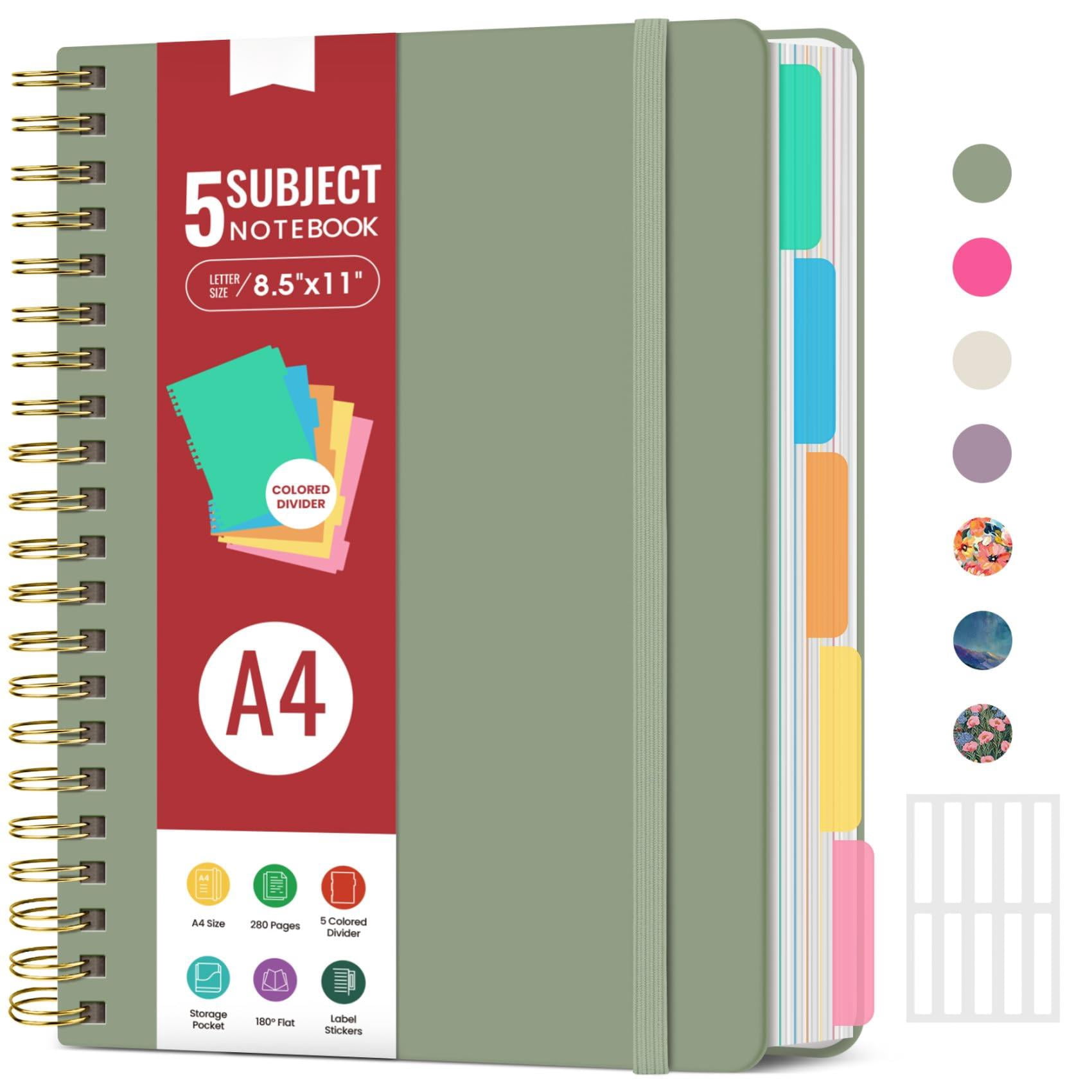 Hardcover Spiral Journal Notebooks For Work With Removable Dividers & Tabs  8.5"x11" 5 Subject Notebook Note Taking Organizer A4 College Ruled Lined Women Writing Green 280 Pages