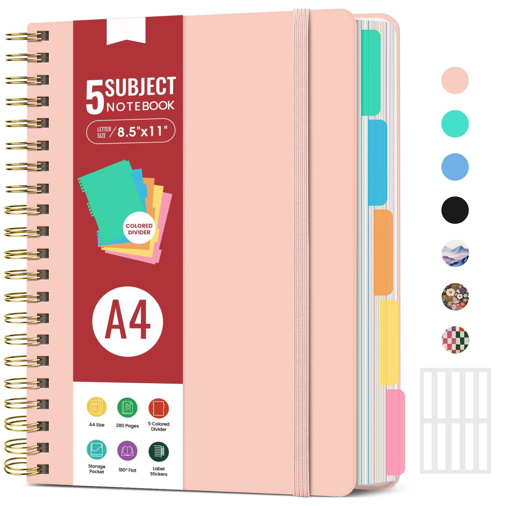 Hardcover Spiral Journal Notebooks For Work With Removable Dividers & Tabs  8.5"x11" 5 Subject Notebook Note Taking Organizer A4 College Ruled Lined Women Writing Pink 280 Pages
