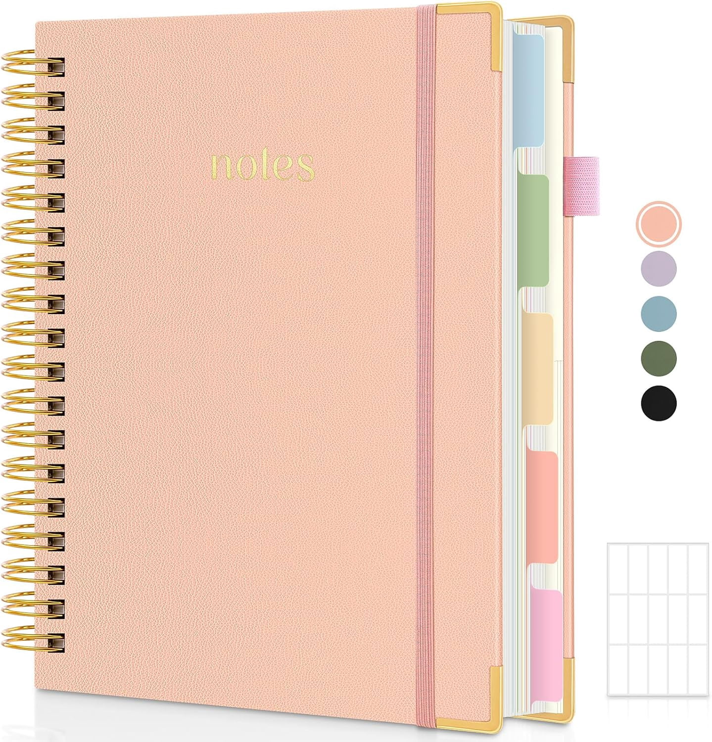 Hardcover Spiral Notebook, 300 Pages 8" x 10" College Ruled Notebook for Work with Dividers & Pockets, 5 Subject Notebook Journals for Women, Double Wire Bound, Tab Stickers Included, Pink