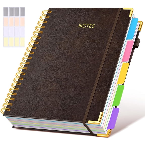 Hardcover Spiral Notebook 8.5"x11" Journal with Removable Dividers Tabs, 300 Pages Leather 5 Subject Notebook College Ruled, Large A4 Notebooks for Work School, Lined Journal for Women, A4 Brown
