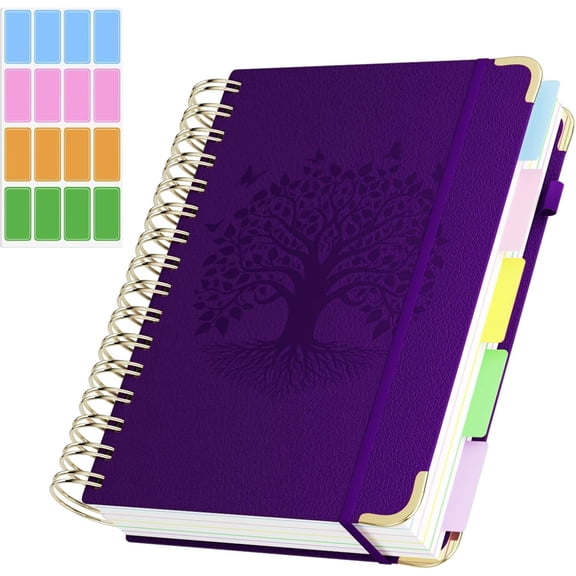 Hardcover Spiral Notebook, A5 Journal with Removable Dividers Tabs, 5 Subject Notebook College Ruled, 320 Pages 6"x8" Leather Notebooks for Work School Study, Lined Journal for Women,