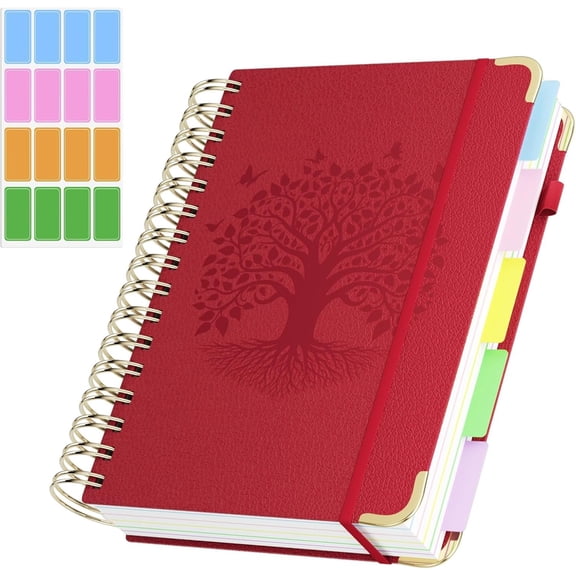 Hardcover Spiral Notebook, A5 Journal with Removable Dividers Tabs, 5 Subject Notebook College Ruled, 320 Pages 6"x8" Leather Notebooks for Work School Study, Lined Journal for Women, Red