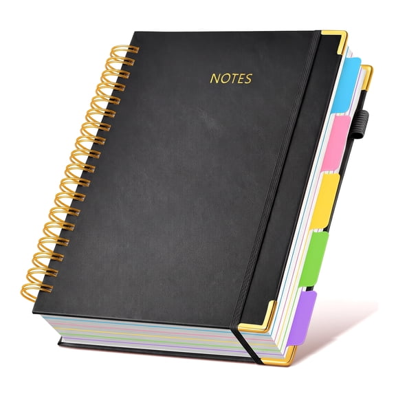 Hardcover Spiral Notebook Journal - 300 Pages, 5 Subject with Removable Dividers, 8x10 Inch College Ruled, Black
