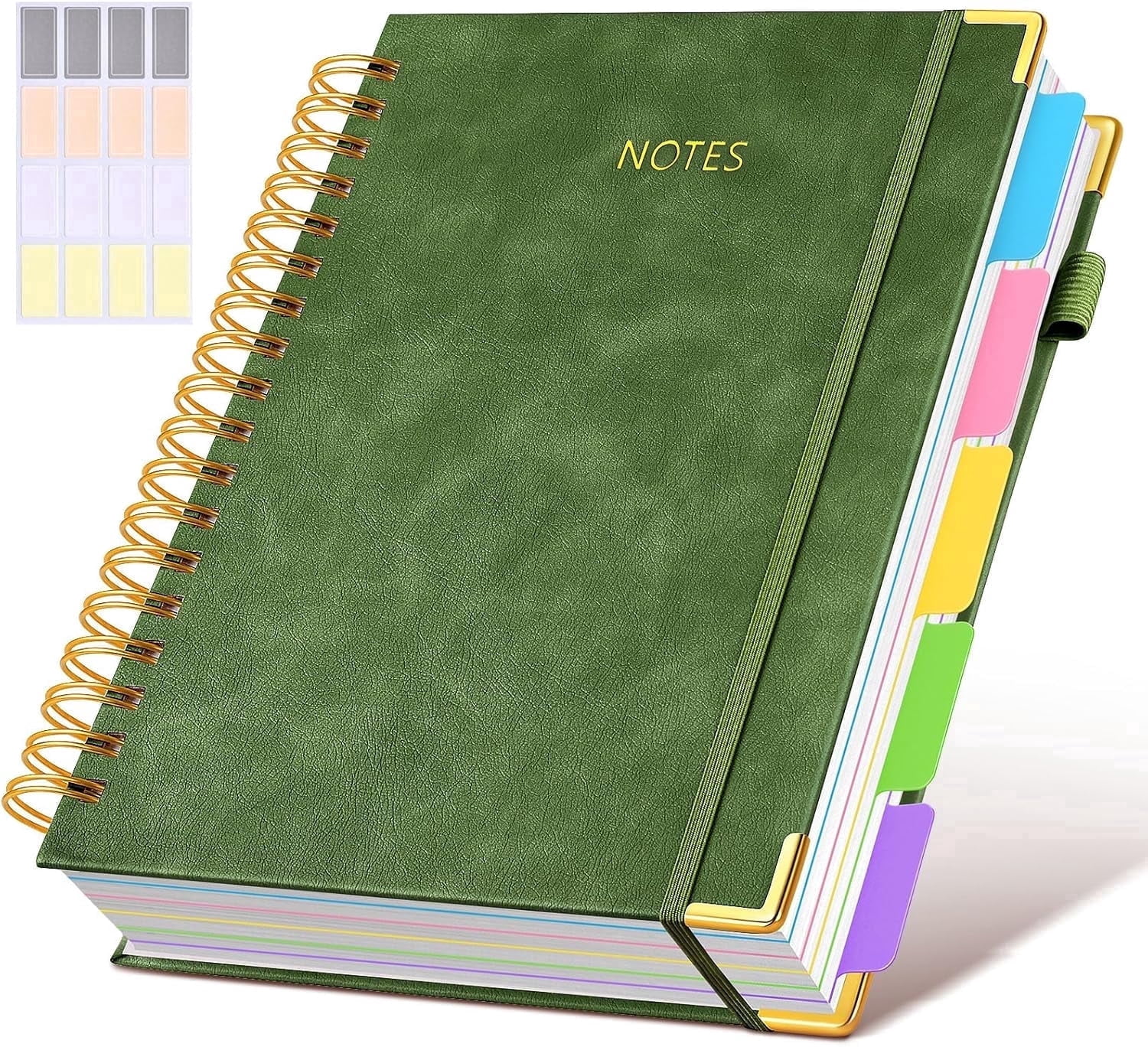 Hardcover Spiral Notebook - 300 Pages Leather 5 Subject Journal with Removable Dividers, 8"x10" for Work and Office (Green)