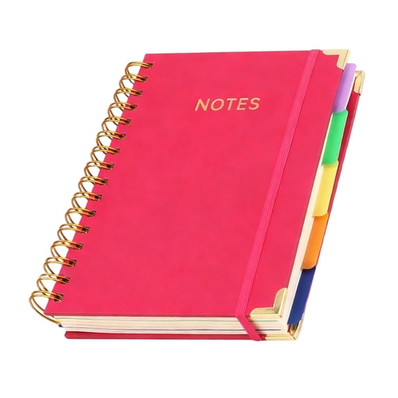 Hardcover Spiral Notebook Journal with Removable Dividers Tabs, 300 Pages Leather 5 Subject Notebook College Ruled, 5.7"×8.3" Large Notebooks for Work Study Note Taking, Journal for Women,Hot Pink