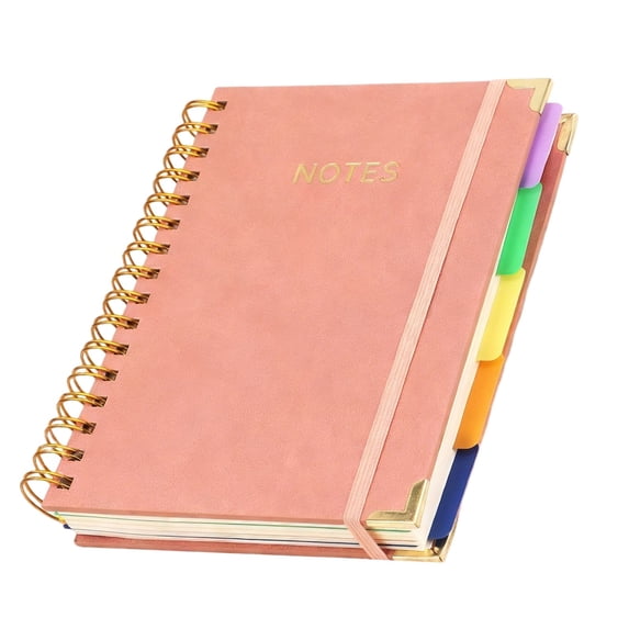 Hardcover Spiral Notebook Journal with Removable Dividers Tabs, 300 Pages Leather 5 Subject Notebook College Ruled, 5.7"×8.3" Large Notebooks for Work Study Note Taking, Journal for Women,Salmon