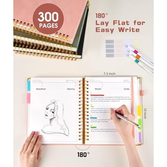 Hardcover Spiral Notebook Journal with Removable Dividers Tabs, 300 Pages Leather 5 Subject Notebook College Ruled, 8"x10" Large B5 Notebooks for Work School Note taking, Lined Journal for Women,