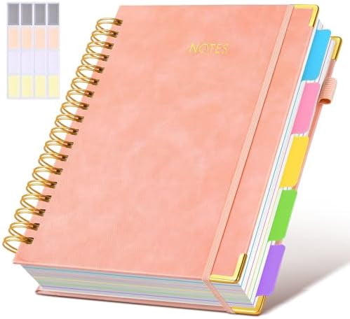 Hardcover Spiral Notebook Journal with Removable Dividers Tabs, 300 Pages Leather 5 Subject Notebook College Ruled, 8"x10" Large B5 Notebooks for Work School Note taking, Lined Journal for Women,