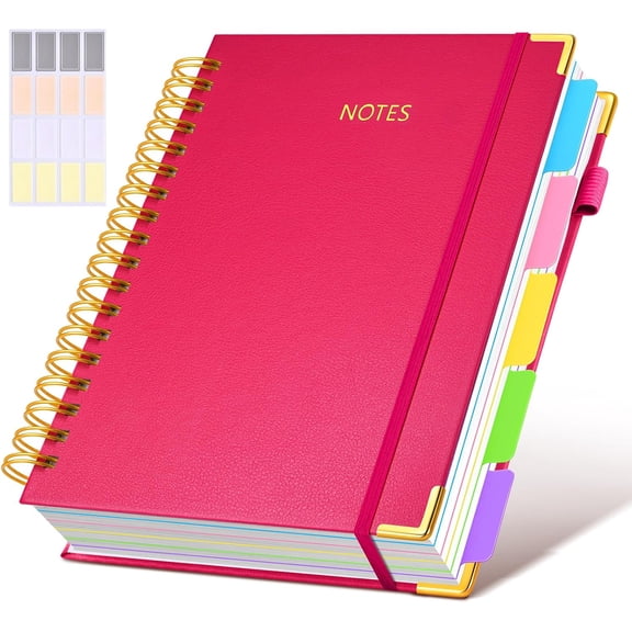 Rose Faux Leather Hardcover 5-Subject Spiral Notebook, College Ruled 300 Pages with Divider Tabs, Large B5 8"×10", Journal for School & Work