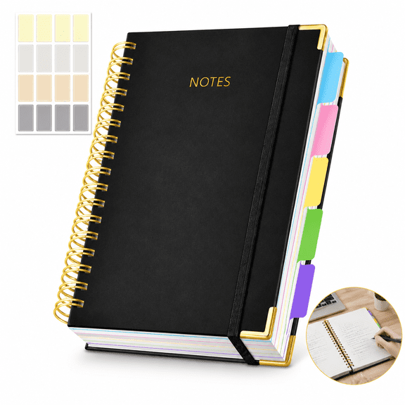 LU TANSHENG 8"x10 B5 Hardcover Spiral Notebook, 300 Pages 5-Subject Lined Journal with Detachable Divider Tabs, Leather Lining Planner for School & Office, Black