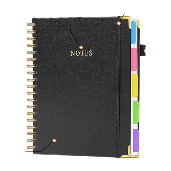 Hardcover Spiral Notebook journal with Removable Dividers Tabs,Leather 5 Subject Notebook College Ruled,Notebooks for Work School Note taking, Lined Journal,Black