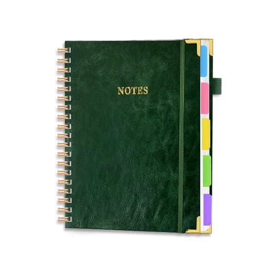 Hardcover Spiral Notebook journal with Removable Dividers Tabs,Leather 5 Subject Notebook College Ruled,Notebooks for Work School Note taking, Lined Journal,Green