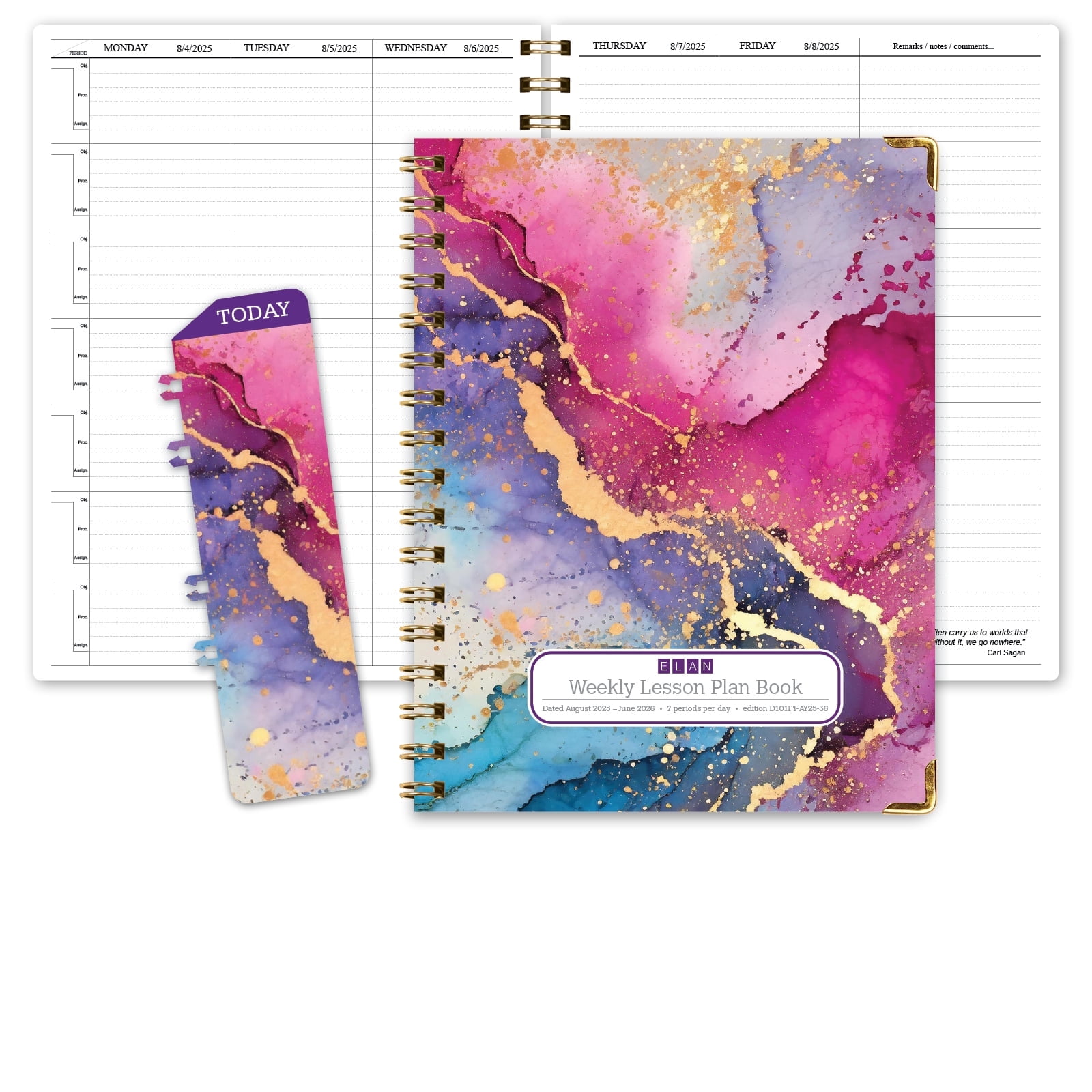 Elan Publishing Company Dated Teacher Lesson Planner 2025-2026 Academic Year, 7 Periods, Days Horizontally Across The Top, Hardcover, Bonus Clip-in Bookmark, 8.5"x11", Rainbow Gold Marble