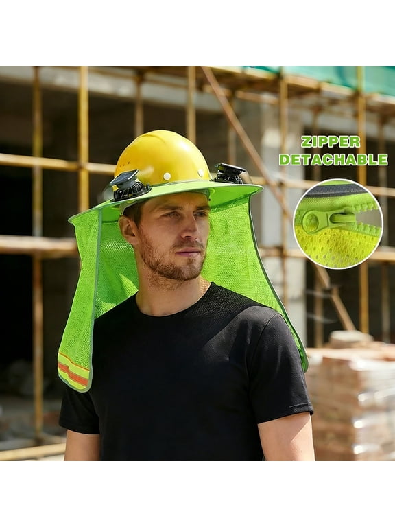Hardhat Sun Shade with Solar Fans and Reflective Strip, Hard Hat Visor Sun Shade Full Brim with Mesh Cape and Neck Gaiter, Hard Hat Sun Shield for Construction Workers Outdoor Summer Protection