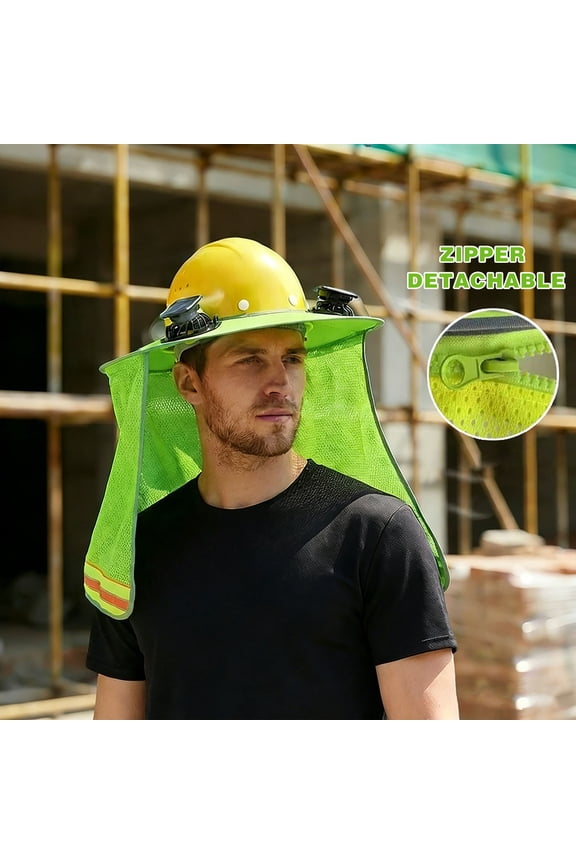 Hardhat Sun Shade with Solar Fans and Reflective Strip, Hard Hat Visor Sun Shade Full Brim with Mesh Cape and Neck Gaiter, Hard Hat Sun Shield for Construction Workers Outdoor Summer Protection