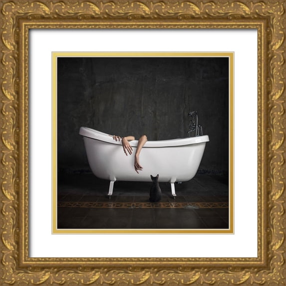 Hardibudi 15x15 Gold Ornate Wood Framed with Double Matting Museum Art Print Titled - Bathroom Stories I