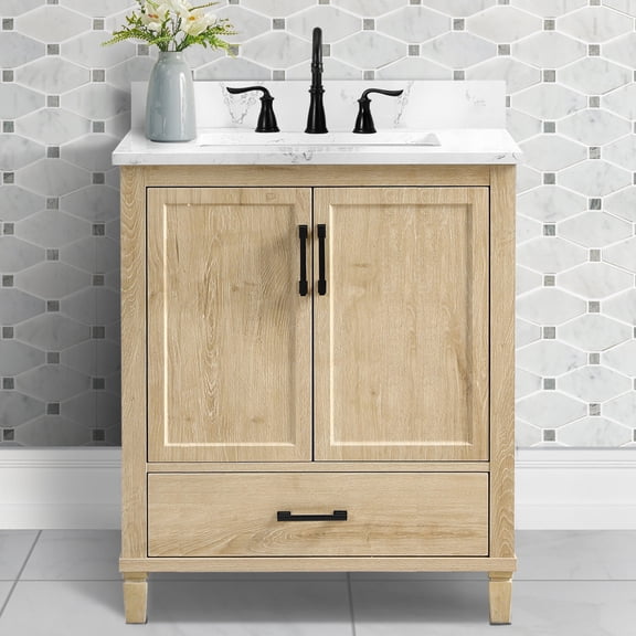 Tile & Top Hardin 30" Single Bathroom Vanity, 31" W x 19" D x 34.5" H, Carrara White Quartz Top with Sink & Backsplash, Light Wood, MDF, Pre-Assembled, 1 Soft-Close Drawer & 2 Doors, Adjustable Feet