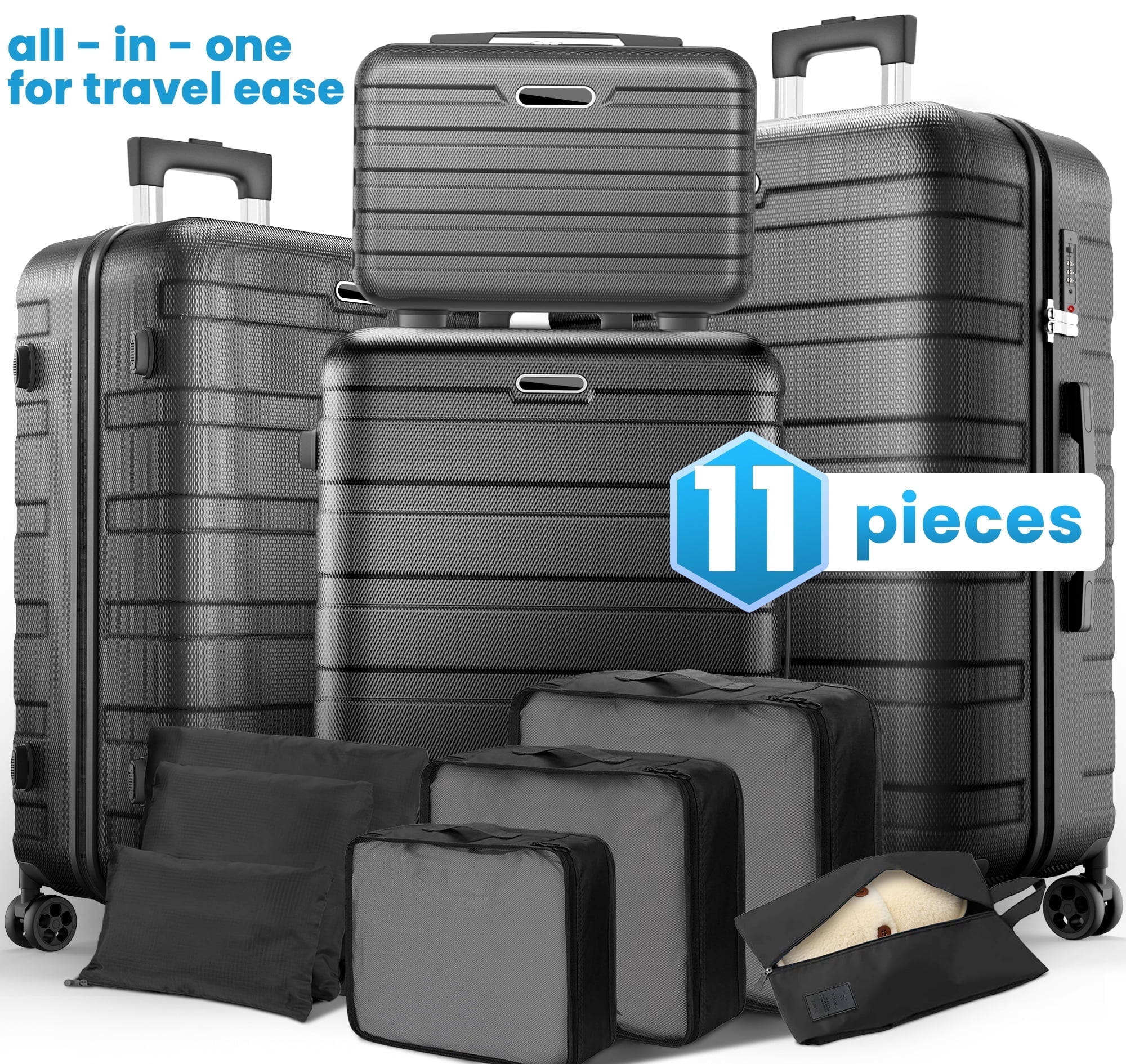 Hardshell Luggage 11 Piece Set, Lightweight Suitcases with 360° Spinner Wheels & Lock, 20" Carry-On + 24"/28" Checked Luggage + 14" Travel Case, Black