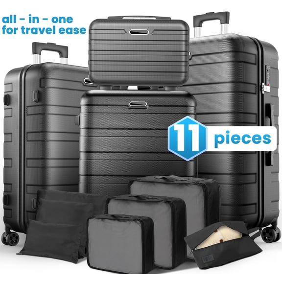 Hardshell Luggage 11 Piece Set, Lightweight Suitcases with 360 Spinner Wheels & Lock, 20" Carry-On + 24"/28" Checked Luggage + 14" Travel Case, Black