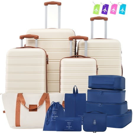 Hardshell Luggage Set 4PC with TSA Lock - Lightweight ABS Spinner Suitcase 16" 20" 24" 28" Brown & White. Durable Travel Luggage Set for Travel.