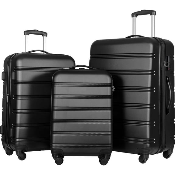 Hardshell Luggage Sets 3-Piece Expandable ABS Carry-On Suitcase with TSA Lock Spinner Wheels, 20"+24"+28" Black Travel Bags