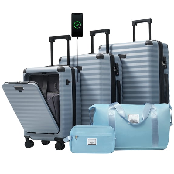 Alikpop 5-Piece Light Blue Hardside Luggage Set, Front Opening Carry-On with Spinner Wheels