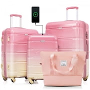 Hardshell Luggage Sets of 4, Expandable 25% Space Suitcase with Travel Bag, 20/24/28 Inch ABS+PC Hard Shell Suitcase Set with USB Port, Cup Holder, Spinner Wheels, TSA Lock for Travel - Pink