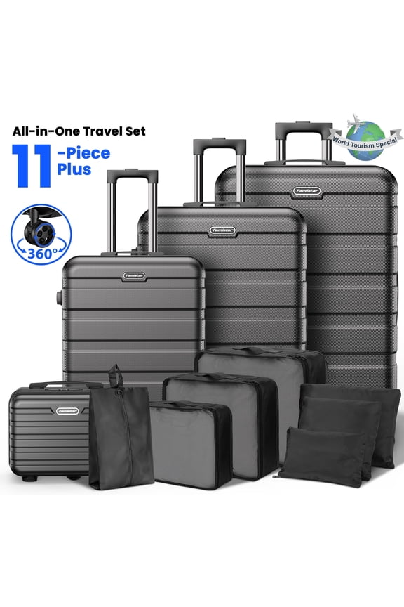 Hardside Luggage 11 Pcs Set, Hardshell Suitcases with Spinner Wheels & Lock, 14" Travel Case, 20" Carry-On Luggage, 24" Checked Luggage, 28" Checked Luggage, Black