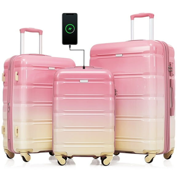 Hardside Luggage Luggage Set of 3, 20-inch with USB Port, Airline Certified Carry-on Luggage , ABS+PC Hard Shell Luggage with Spinner Wheels,pink,Hardside Suitcase