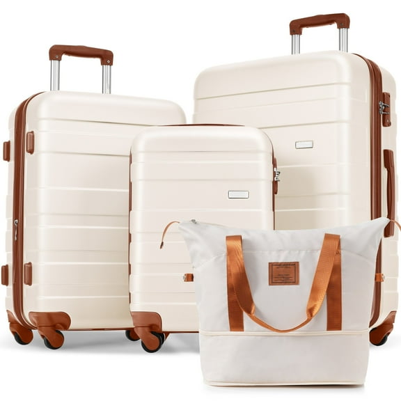 Hardside Luggage Luggage Sets 4 Piece, ABS Durable Suitcase with Travel Bag, Carry On Luggage Suitcase Set with 360° Spinner Wheels, ivory and brown,Hardside Suitcase