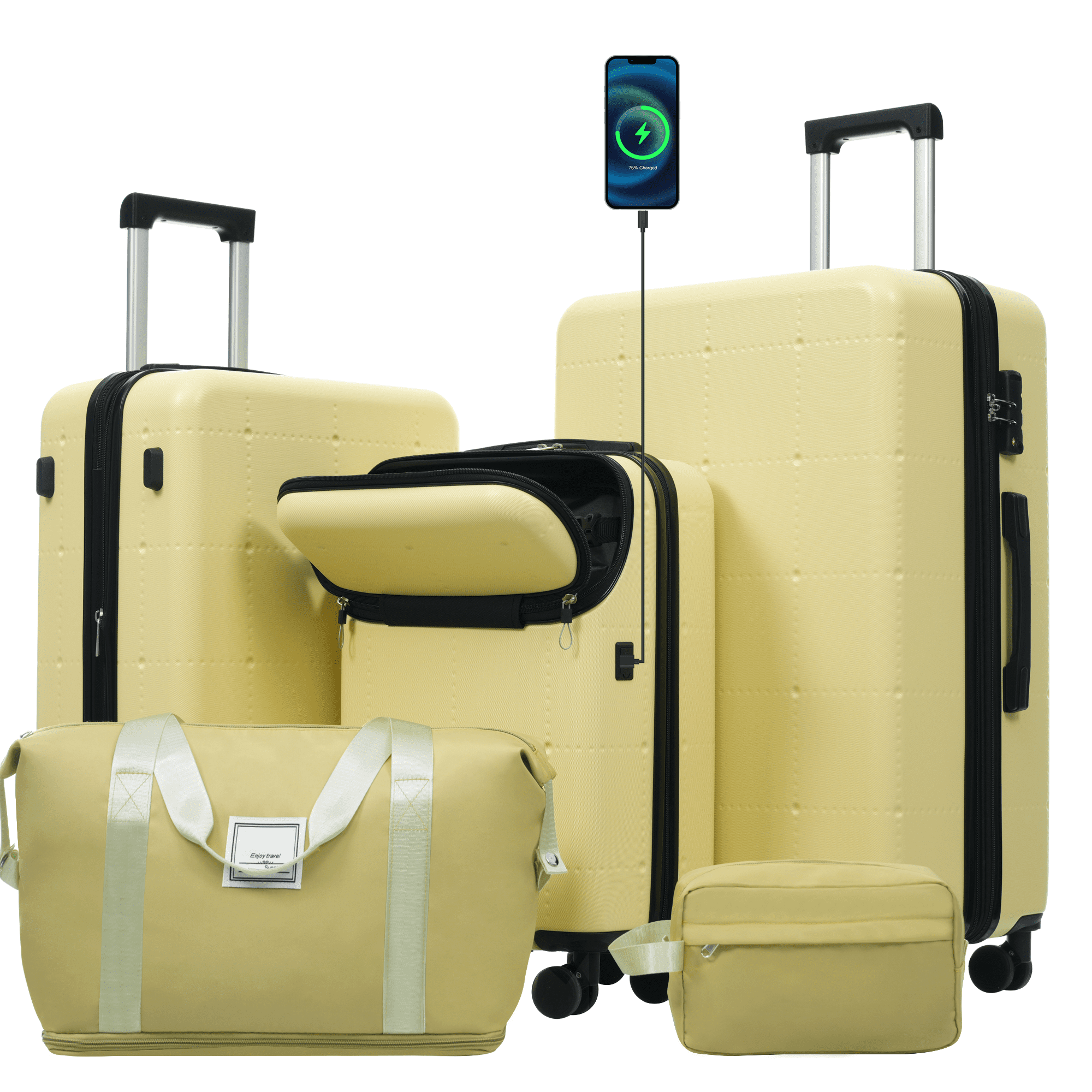 Hardside Luggage Set 5 Piece with Bags,20IN Half-opening Carry on Luggage with USB Port, Expandable 24IN 28IN Luggage with Double Spinner Wheels TSA Lock