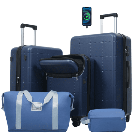 Hardside Luggage Set 5 Piece with Bags,20IN Half-opening Carry on Luggage with USB Port, Expandable 24IN 28IN Luggage with Double Spinner Wheels TSA Lock