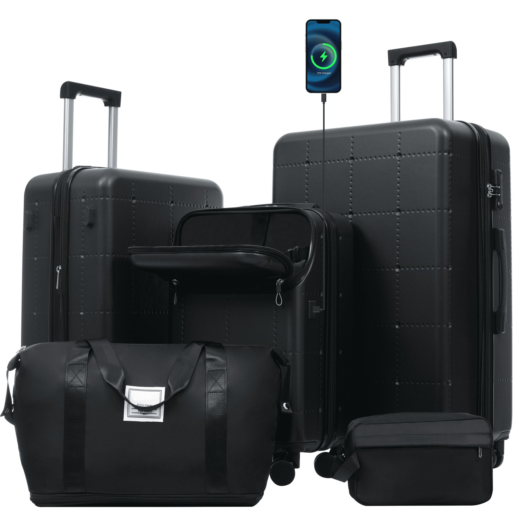 Hardside Luggage Set 5 Piece with Bags,20IN Half-opening Carry on Luggage with USB Port, Expandable 24IN 28IN Luggage with Double Spinner Wheels TSA Lock