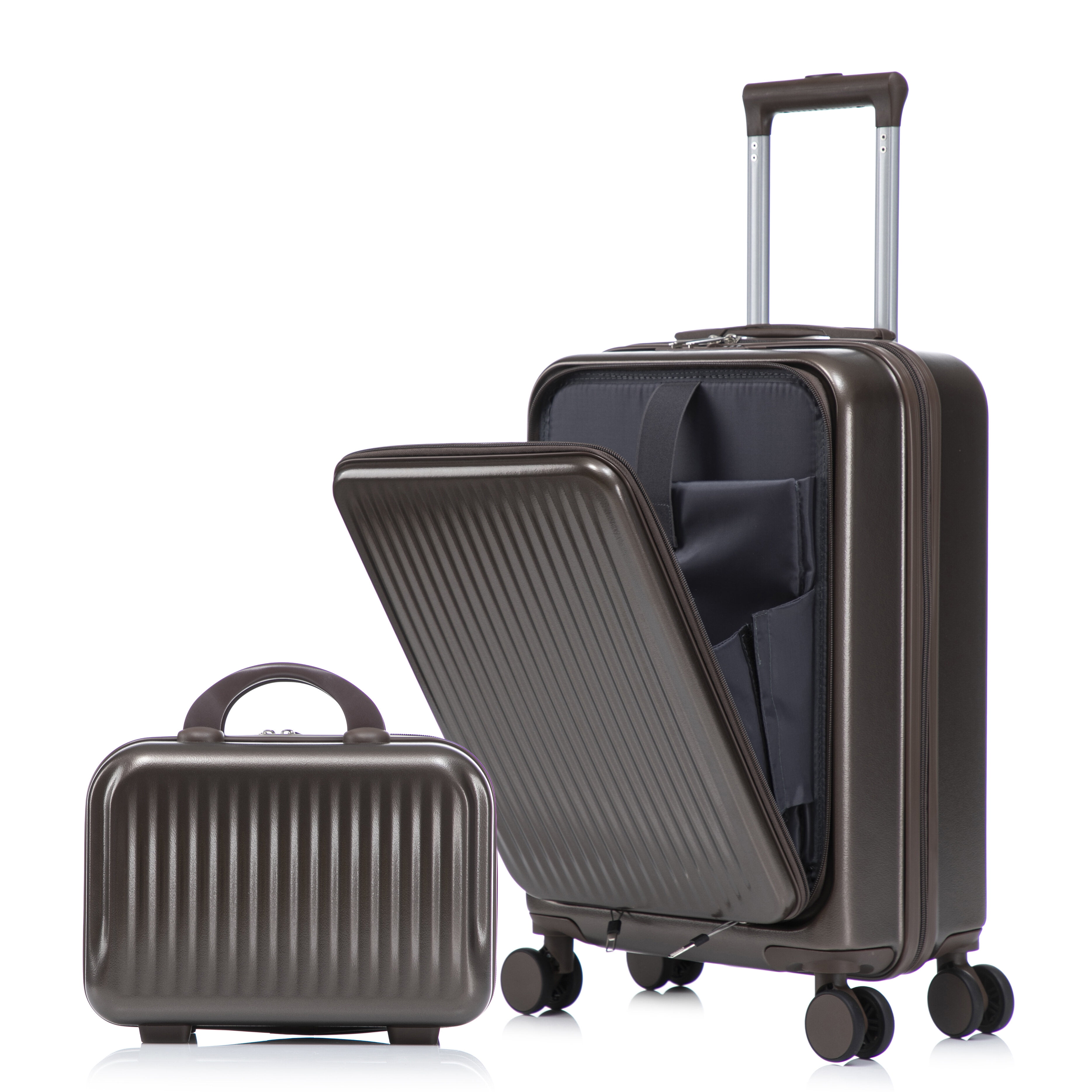 Hardside Suitcase, 14"/20" 2 pcs/set in ABS Spinner Wheel Luggage, with Combination Lock and Front Opening Design, 14" Cosmetic Case (Brown), Brown Hardside Luggage,Abs Hardside Checked Luggage