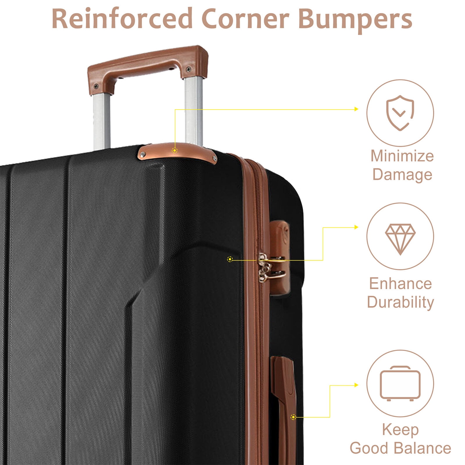 Hardside Suitcase, Luggage Sets 3 Piece, Hard shell ABS Lightweight Durable Suitcases with Double Spinner Wheels 20/24/28 Inch (Black Brown), Black Brown Hardside Luggage,Hardside Checked Luggage