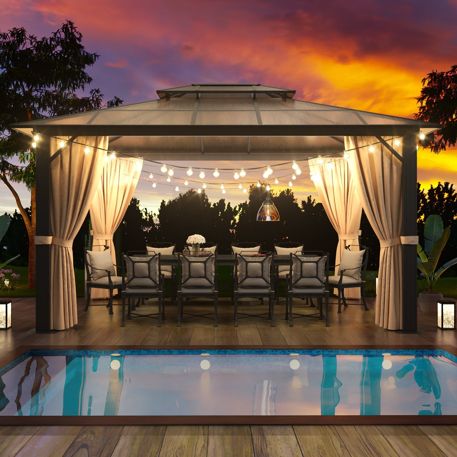 10x12FT Brown Aluminum Hardtop Gazebo with Double Roof