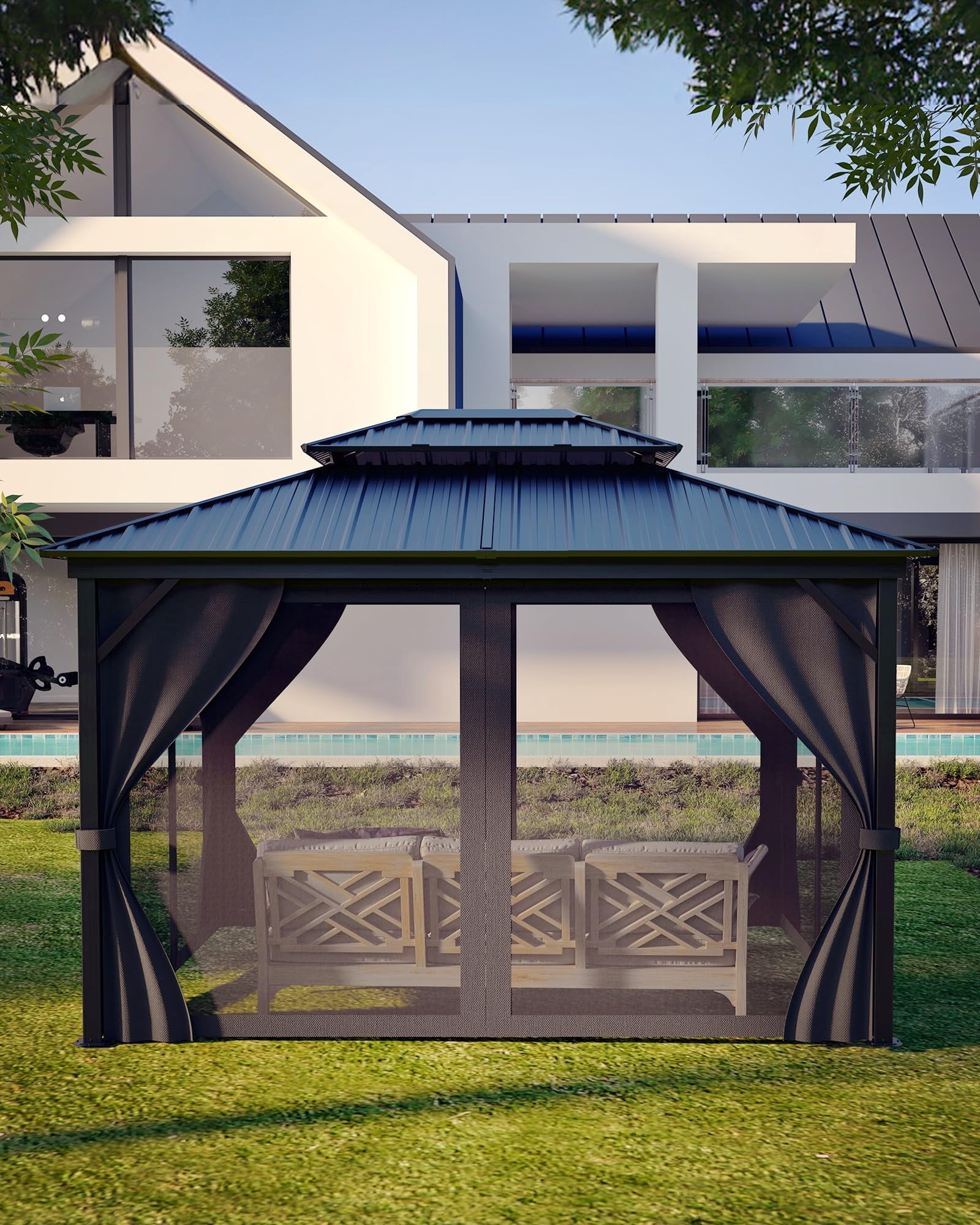 Hardtop Gazebo for Patio and Garden - Double Metal Roof, All-Weather Aluminum Pavilion with Mosquito Netting & Privacy Curtains, Heavy-Duty Outdo – 10x12FT – Black Spray + Gray Cloth Black Mesh